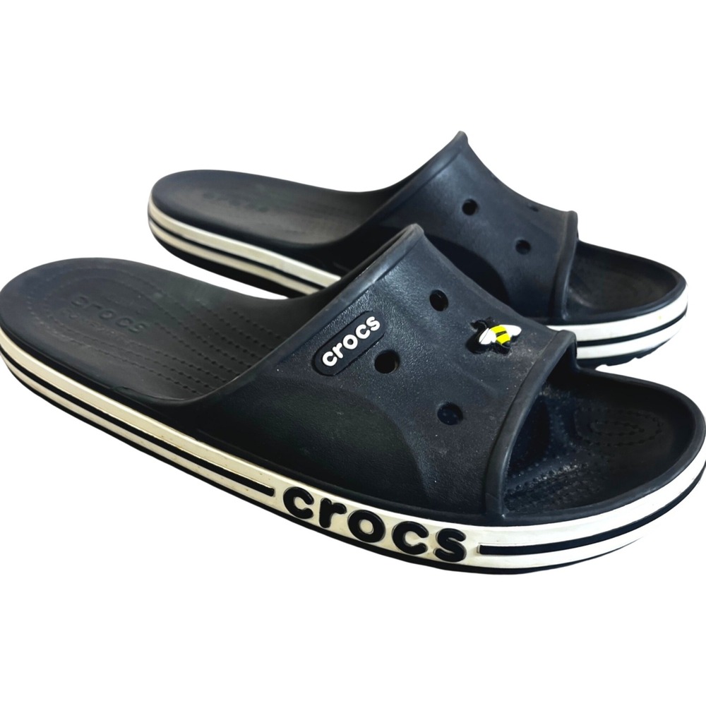 Crocs Bayaband Slide Black White Athletic Sandals Men 9 Women 11 Bee Jibbitz
